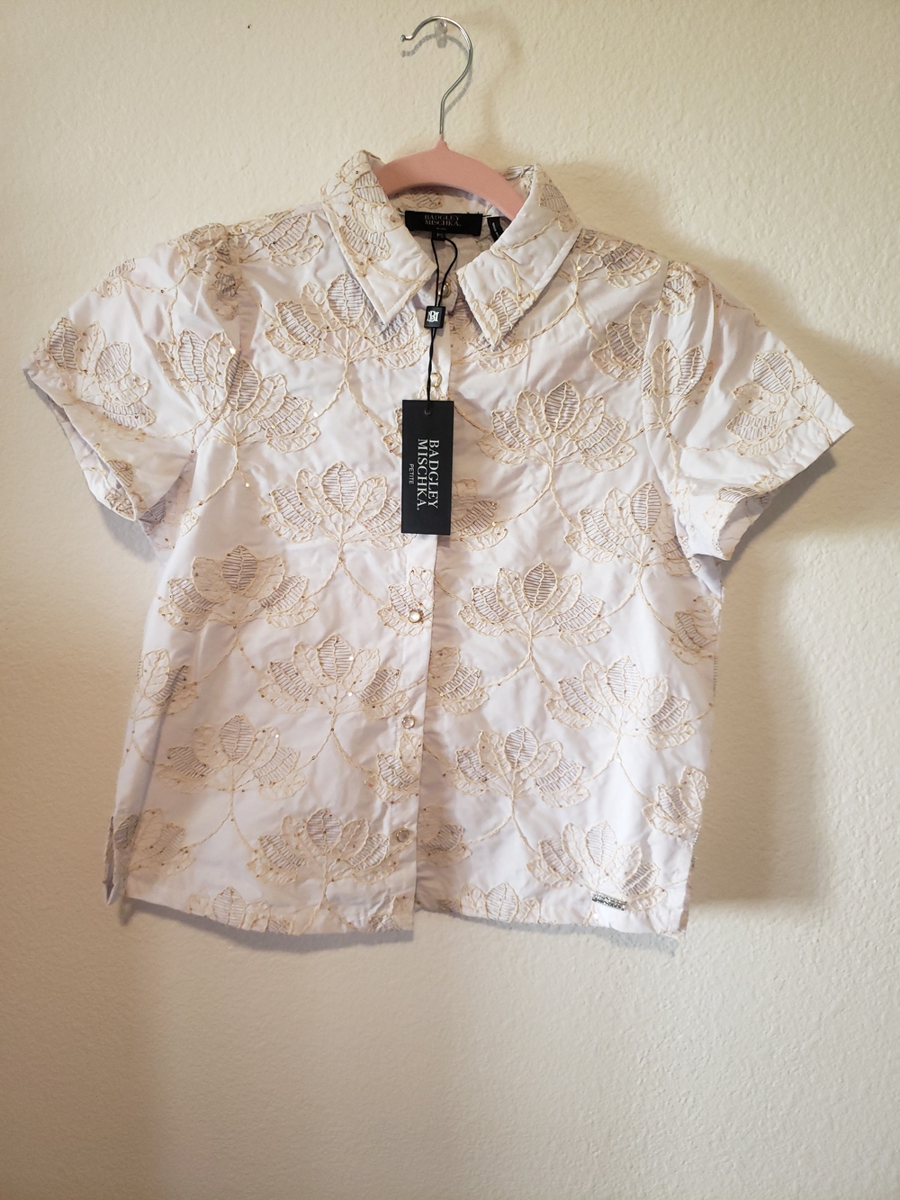 Badgley Mischka White Short-Sleeve Floral Embroidered Blouse